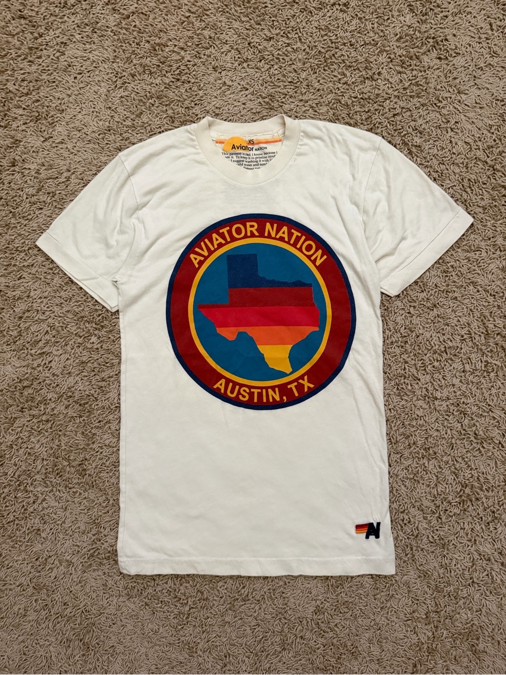 Aviator Nation Unisex White Cream Rainbow Striped Austin Texas T-Shirt Size XS